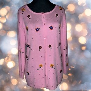 Hand beaded sequined sparkle button down cardigan sweater spring pink